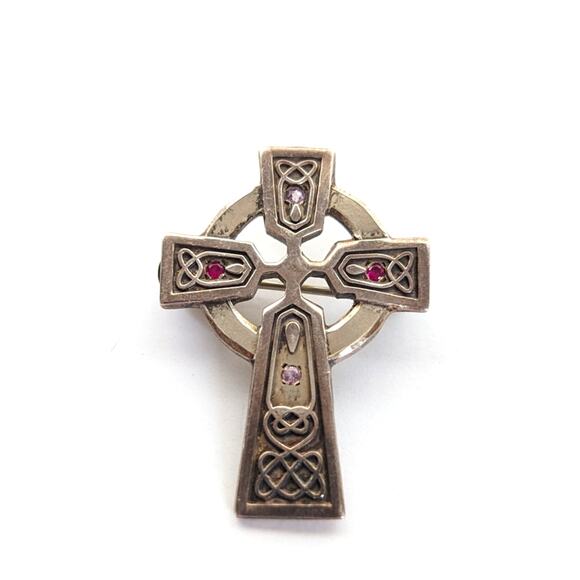 Vintage Creed Sterling Silver Spinel Stone Irish Catholic Celtic Cross Brooch - Picture 1 of 4